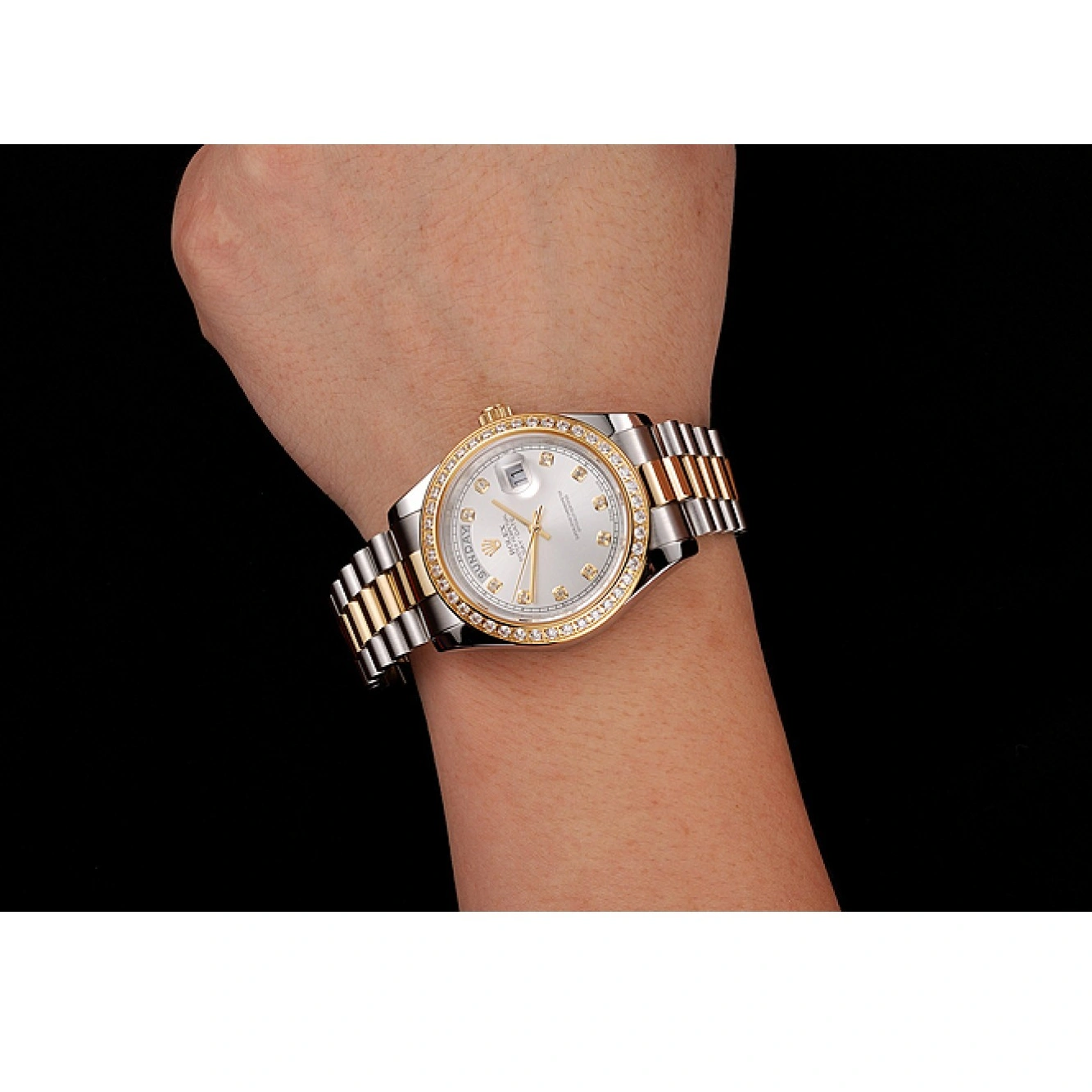 Aaa fake watches Dial 1453971 White Steel Gold Bracelet Stainless Diamond Day-Date Two Tone Swiss Rolex Case 1025